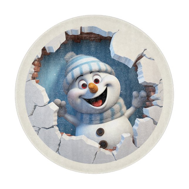 Planche À Découper Joli bonhomme de neige de Noël à travers le mur il (Devant)