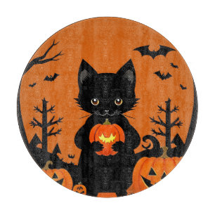 Planche À Découper Joli Chat Noir avec des Citrouilles d'Halloween