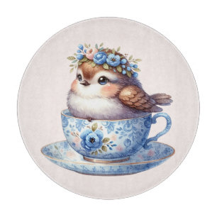Planche À Découper Joli Oiseau dans une Tasse à Thé Florale Art Cotta