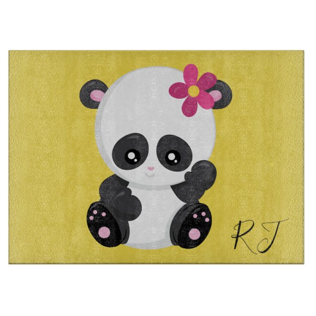 Planche À Découper Joli Panda sur le Monogramme Arrière - plan Jaune  (Devant)