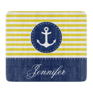 Planche À Découper Jolie Ancre bleu marine Jaune Texte personnalisé