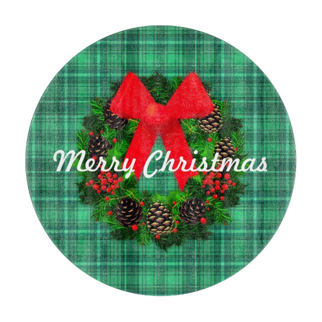 Planche À Découper Joyeuse couronne de Noël Plaid Retro Holiday Round (Devant)