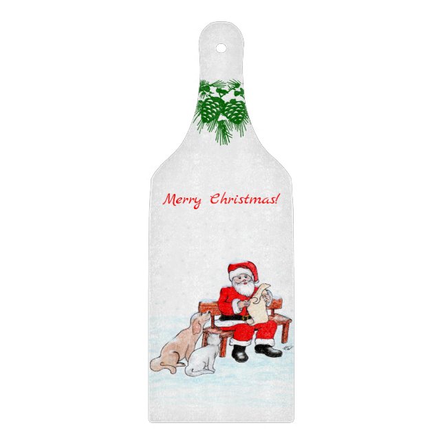 Planche À Découper Joyeux Noël - Père Noël avec chat et chien (Devant)