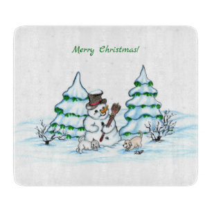 Planche À Découper Joyeux Noël ! Snowman avec chat et chiot