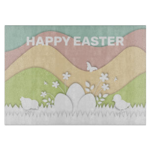 Planche À Découper Joyeux poussins de pâques et couleurs pastel d'oeu