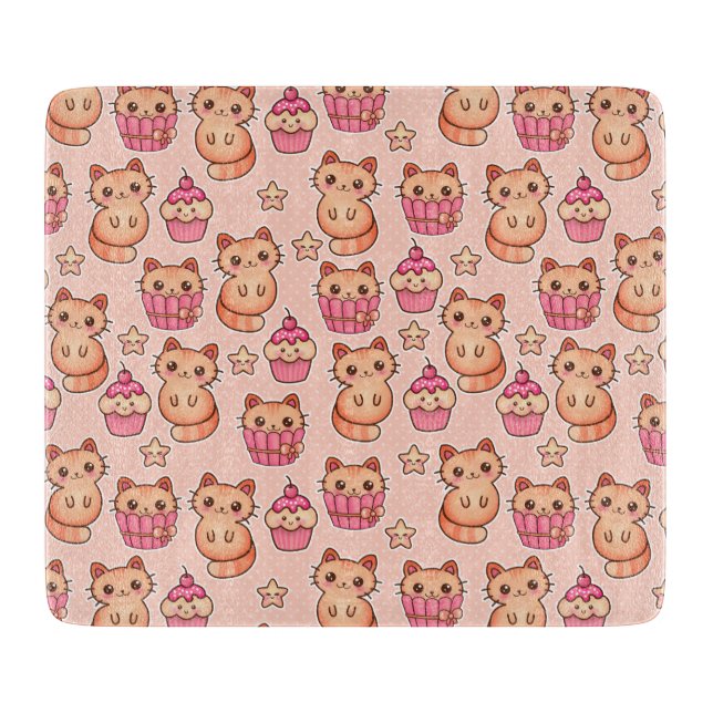 Planche À Découper Kawaii Cute Cats and Cupcakes Motif rose (Devant)