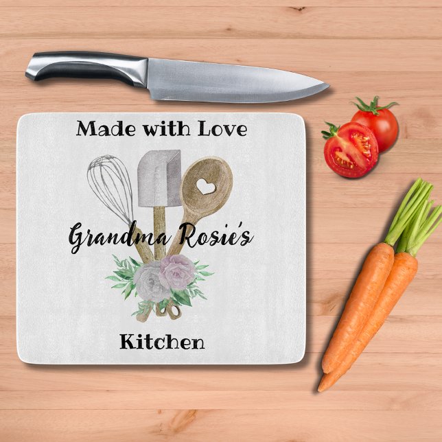 Planche À Découper La cuisine de grand-mère | Fabriqué Avec Amour Per (Custom cutting board with watercolor utensils to celebrate your love of Grandma's cooking. )