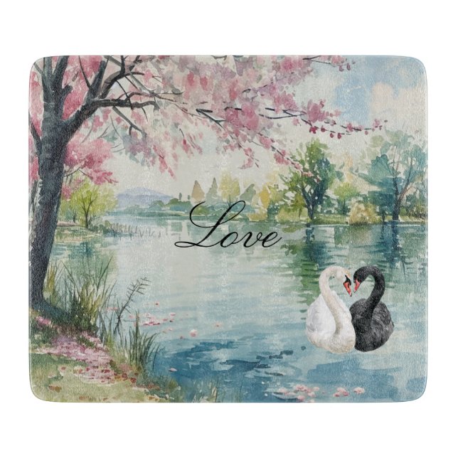 Planche À Découper Lac d'amour de cygnes romantiques (Devant)