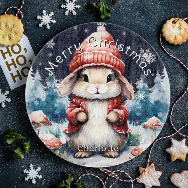 Planche À Découper Lapin de Noël fantastique Personnalisé (Whimsical Christmas Bunny Personalized Cutting Board)