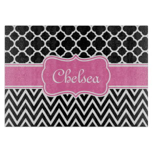 Planche À Découper Lattice noir / Chevron Motif Nom rose