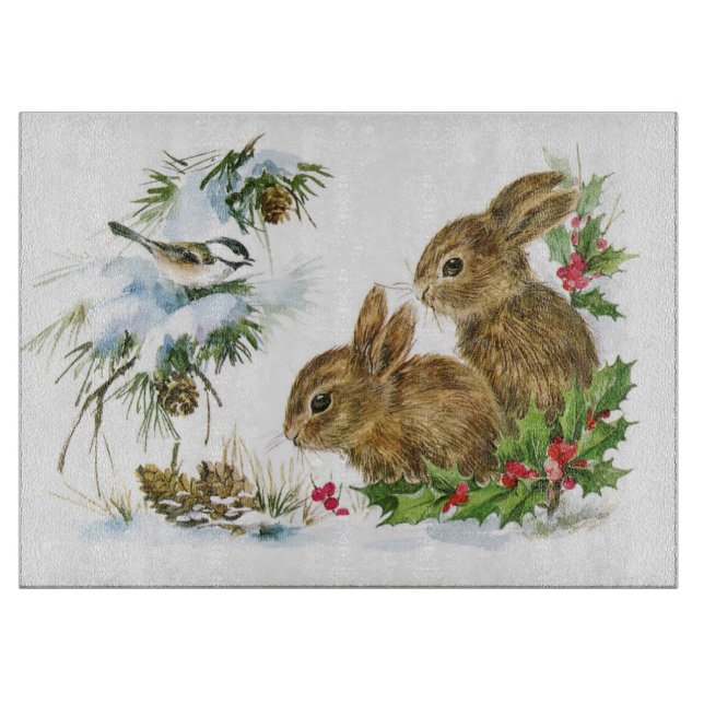 Planche À Découper Les lapins et les oiseaux profitent de Noël de nei (Devant)