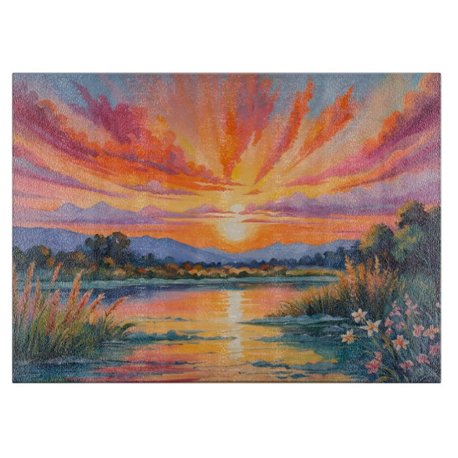 Planche À Découper Lever de soleil à l'aquarelle de l'étang (Devant)