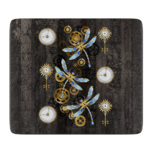 Planche À Découper Libellules Steampunk sur fond rayé marron