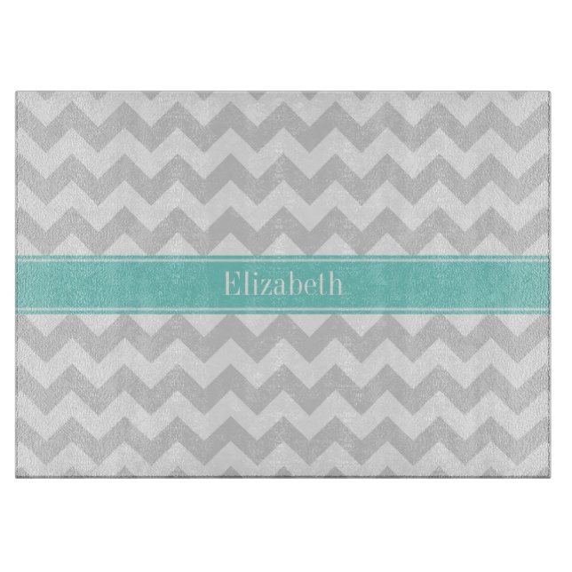 Planche À Découper Lt Gray Wht Chevron ZigZag Aqua Nom Monogram (Devant)