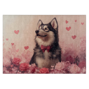 Planche À Découper Malamute d'Alaska avec des Roses - Saint-Valentin 
