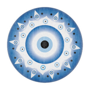 Planche À Découper Mandala Grec Mal Oeil Bleu Blanc
