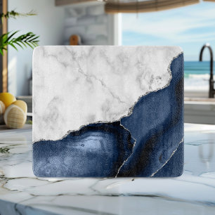 Planche À Découper Marbre Blanc Agate Bleu Marine Paillettes Argentée
