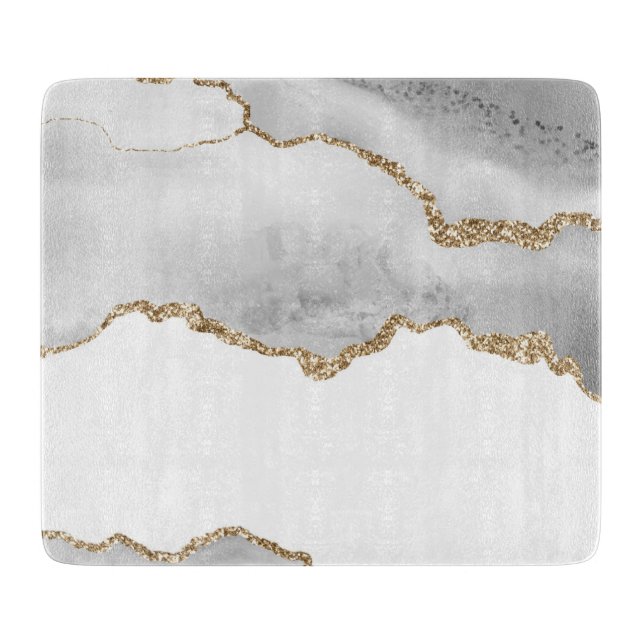 Planche À Découper Marbre blanc gris Agate Parties scintillant dorée  (Devant)