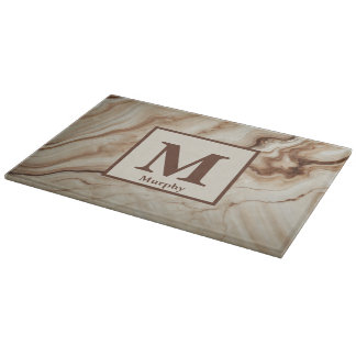 Planche À Découper Marbre d'Ivoire avec Monogramme à Accents Marron