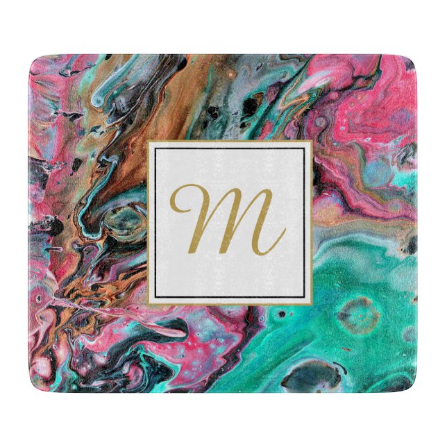 Planche À Découper Marbre monogramme rose et vert (Devant)