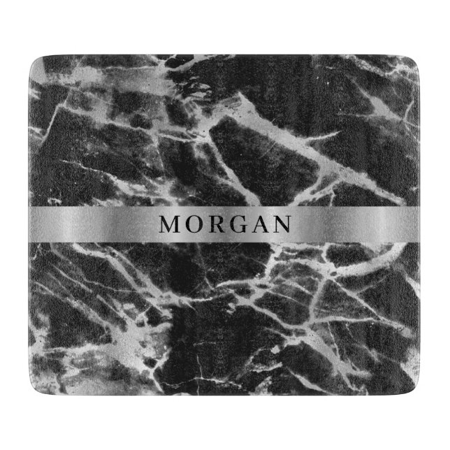 Planche À Découper Marbre noir et gris, nom sur bande d'argent (Devant)