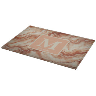 Planche À Découper Marbre Orange avec Veines Blanches Monogramme