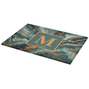 Planche À Découper Marbre sarcelle avec monogramme or et veines noire