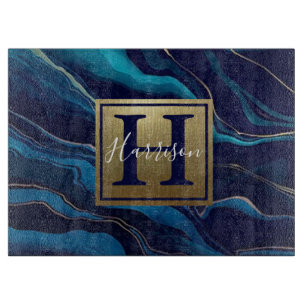 Planche À Découper Marine Blue Agate Marbre Gold Nom et Monogramme