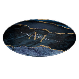 Planche À Découper Marine Blue Gold Marble Monogramme Nom du tableau