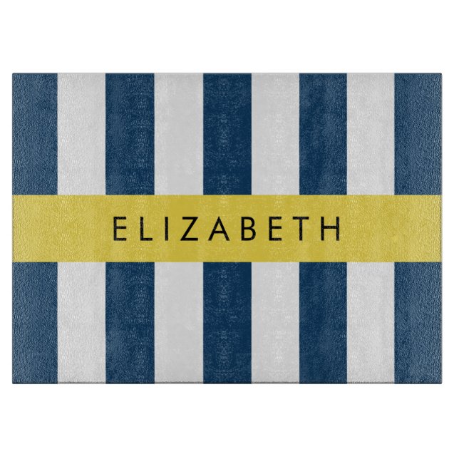 Planche À Découper Marine Blue Stripes, Motif rayé, Votre nom (Devant)