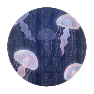 Planche À Découper Méduses iridescentes lumineuses bleu profond rose