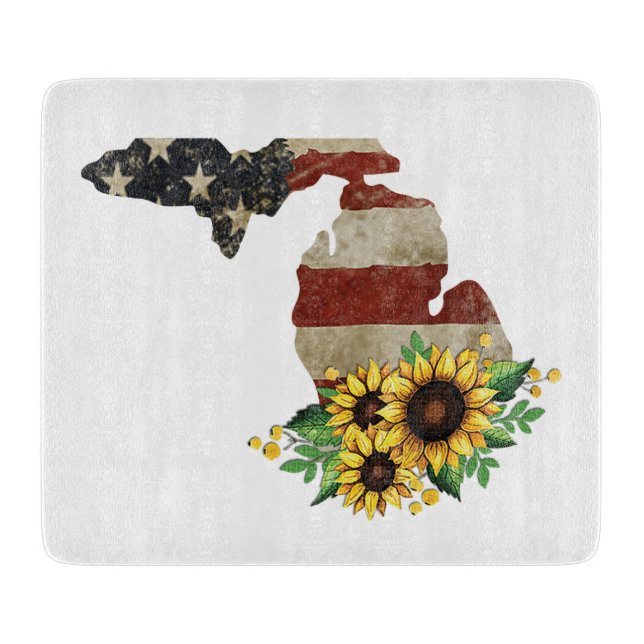 Planche À Découper Michigan State Map US Drapeau Tournesol verre (Devant)