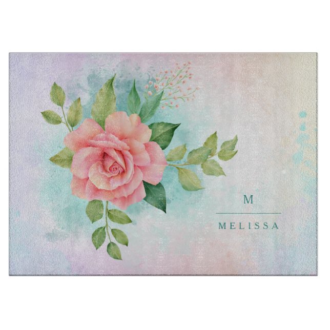 Planche À Découper Monogramme Aquarelle Turquoise Ombre Rose rose (Devant)