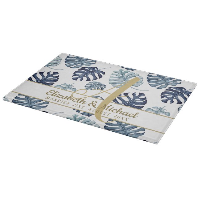 Planche À Découper Monogramme Azure Blue Tropical Feuilles Gold Nouve (Coin)