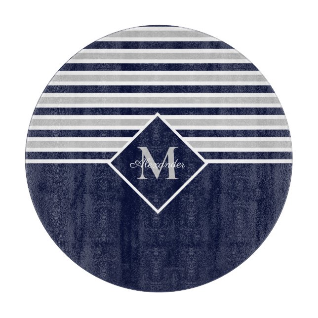 Planche À Découper Monogramme bleu gris marine moderne (Devant)