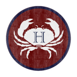 Planche À Découper Monogramme Bourgogne Rouge Marine Bleu Crabe Blanc