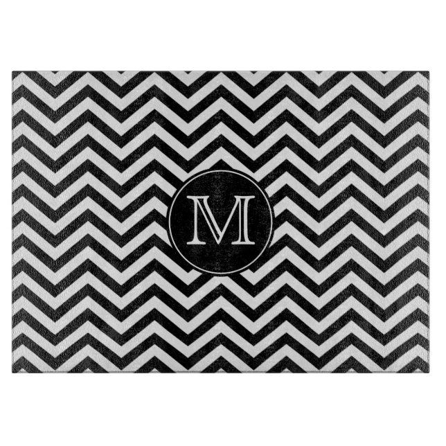 Planche À Découper Monogramme Coupe Chevron noir et blanc (Devant)