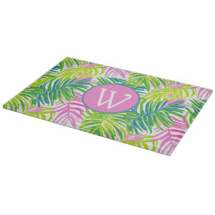 Planche À Découper Monogramme de feuilles de palmier rose et vert Pré