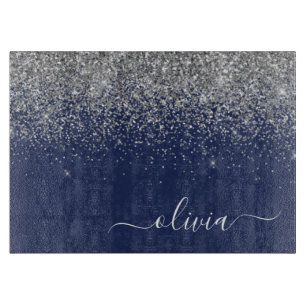 Planche À Découper Monogramme de nom pailleté bleu marine argenté pou