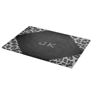 Planche À Découper Monogramme Empreinte de léopard noir et blanc