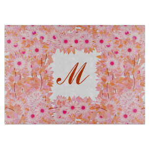 Planche À Découper Monogramme encadré de fleurs - rose et pêche