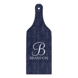 Planche À Découper Monogramme et nom de script personnalisé bleu mari