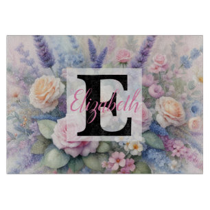 Planche À Découper Monogramme et nom sur Fleurs à l'aquarelle en past