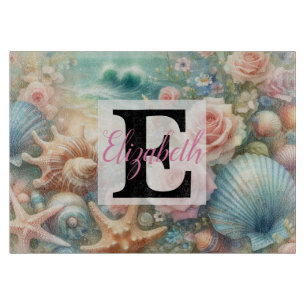 Planche À Découper Monogramme et nom sur fleurs aquarelle mer coquill