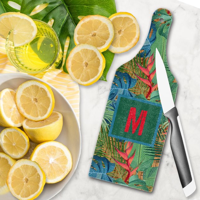 Planche À Découper Monogramme Exotique Tropical Floral (Monogrammed Exotic Tropical Floral Glass Cutting Board Paddle Style)
