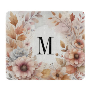 Planche À Découper Monogramme Feuilles de automne et fleurs aquarelle