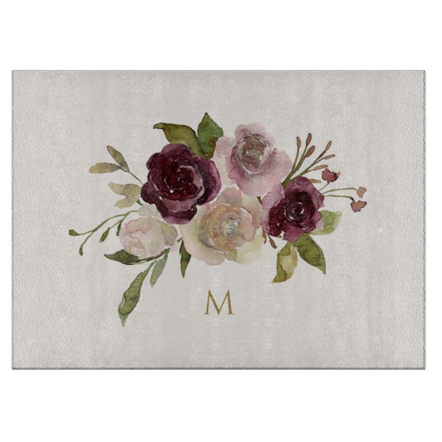 Planche À Découper Monogramme Floral Moderne en Rose Bourgogne Aquare (Devant)