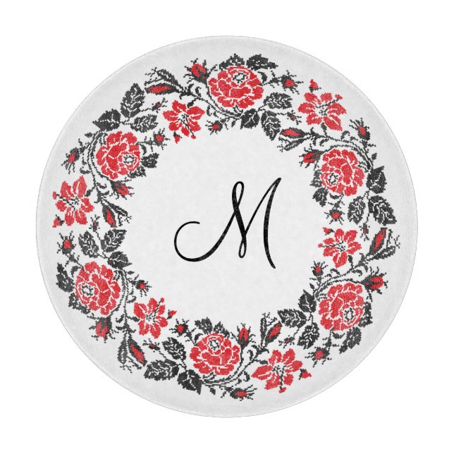 Planche À Découper Monogramme initial des roses rouges à point croisé (Devant)
