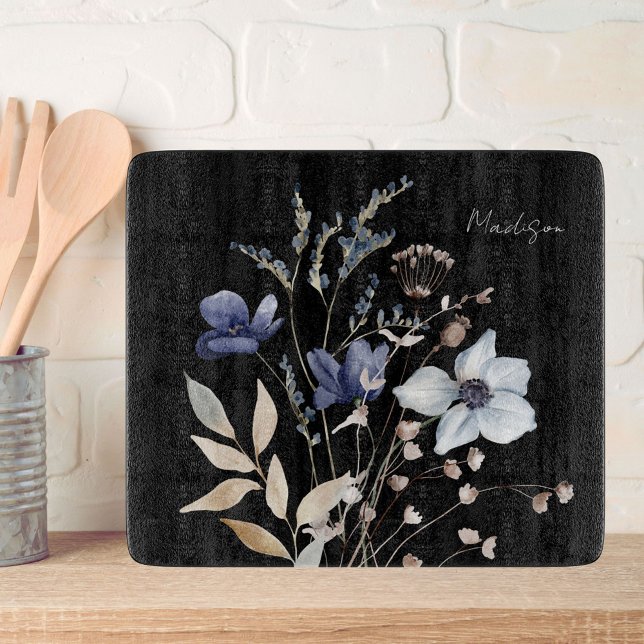 Planche À Découper Monogramme Jolie aquarelle Fleur sauvage bleu (In situ)