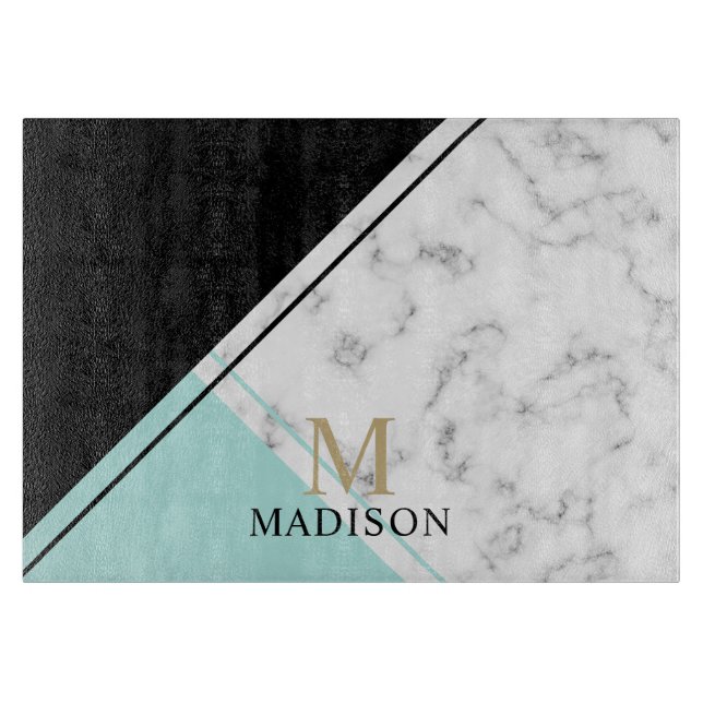 Planche À Découper monogramme moderne élégant en marbre noir turquois (Devant)